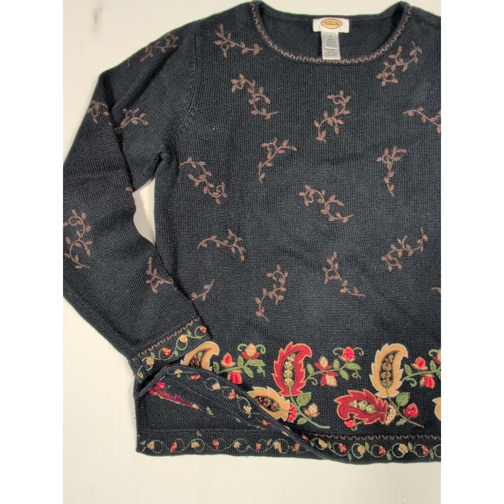 Talbots Womens Sweater M Black Paisley Floral Embroidery Long Sleeve Crew Neck - Picture 8 of 11